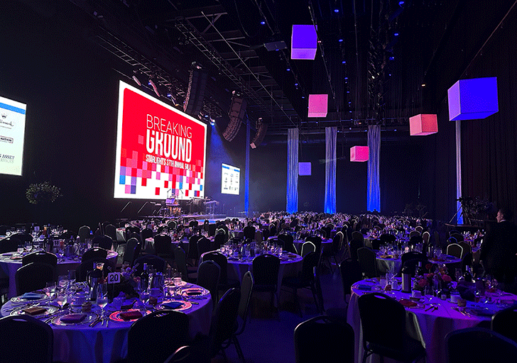 Tables set up for the Annual Gala on the stage.